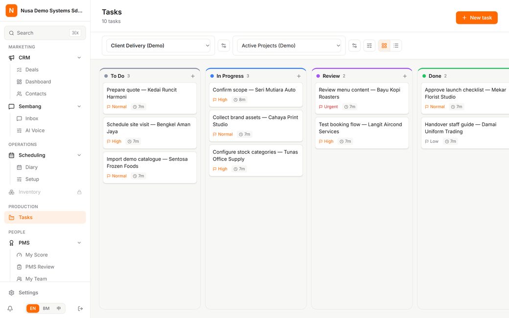 Stelix OS task board: jobs for ten companies moving across To Do, In Progress, Review and Done
